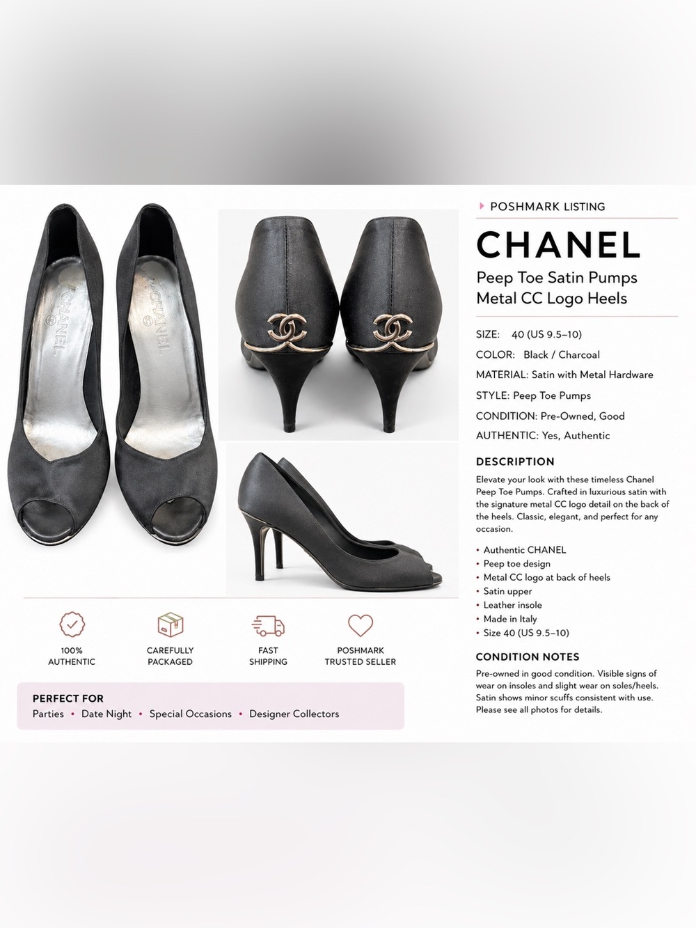 CHANEL Black Satin Peep Toe Pumps with Metal CC Heel Accent